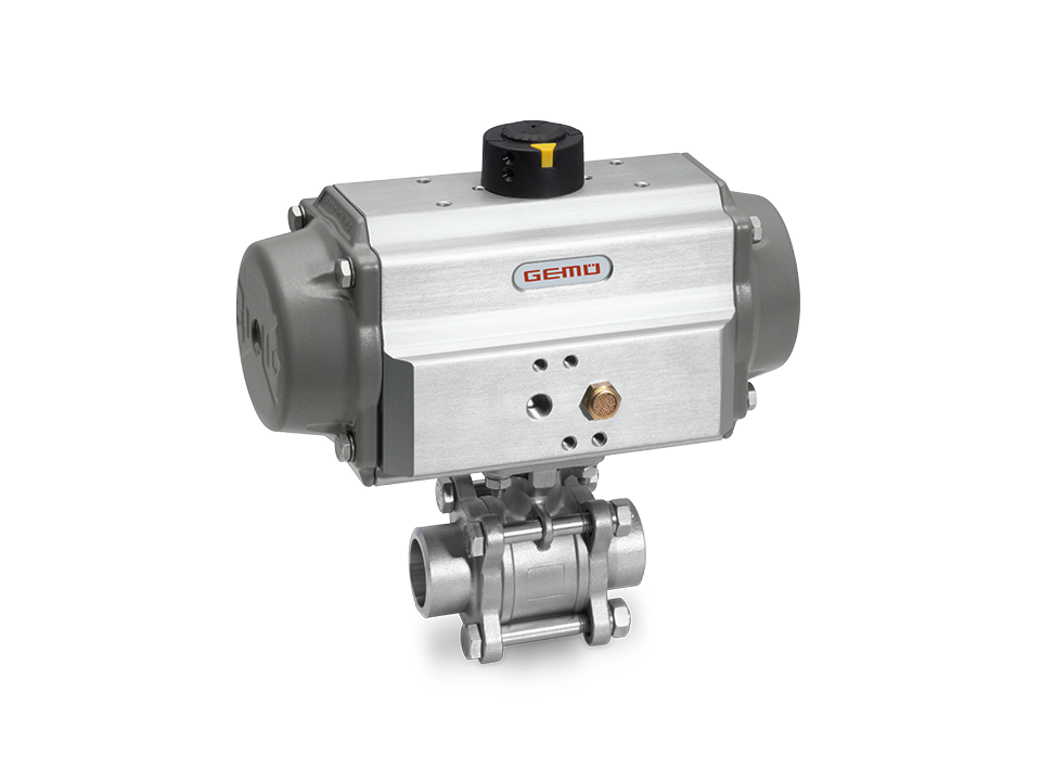 Pneumatically operated stainless steel ball valve with female thread connection and position indicator – ideal for the chemical, pharmaceutical, and food industries.