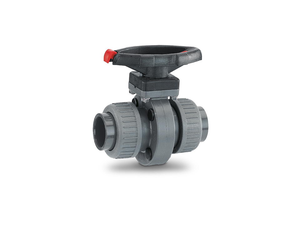 Manual shut-off valve made of plastic with ergonomic hand wheel and safety lock – ideal for water treatment, chemical and process engineering.