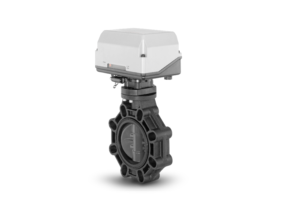 Electrically operated plastic butterfly valve with flange connection – ideal for water treatment, chemical and process automation.