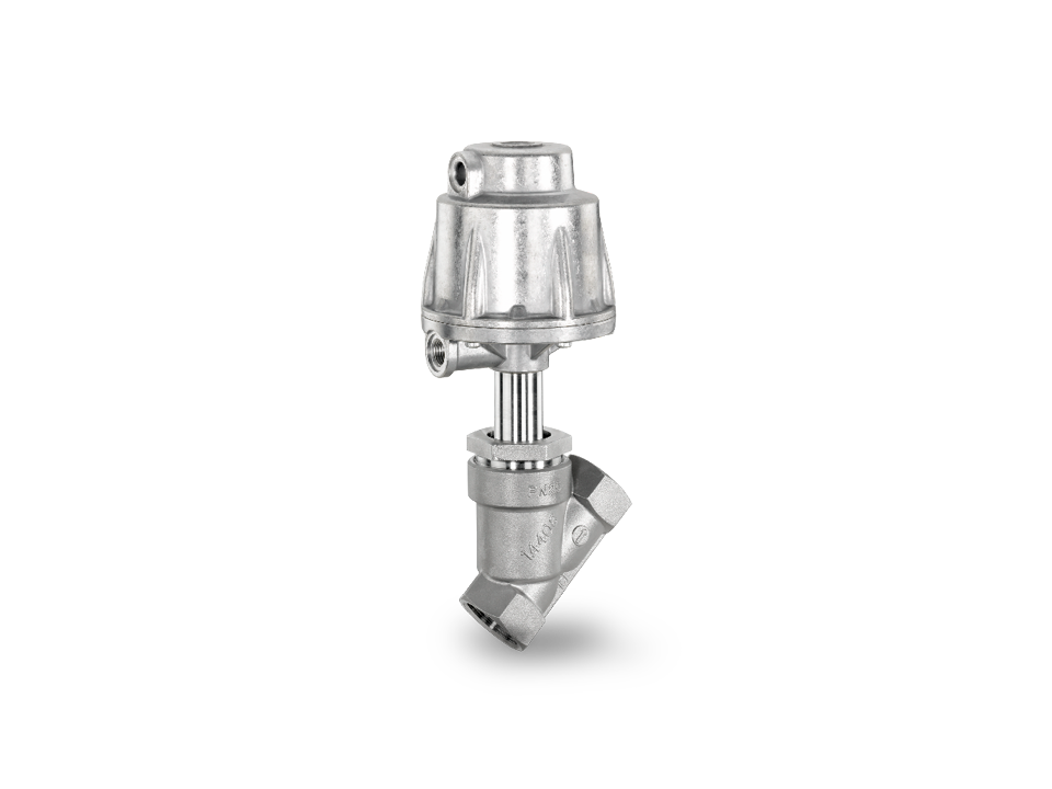Vanne à siège avec actionneur pneumatique en acier inoxydable et corps à siège incliné – convient aux processus hygiéniques et industriels dans la régulation des fluides et des gaz.