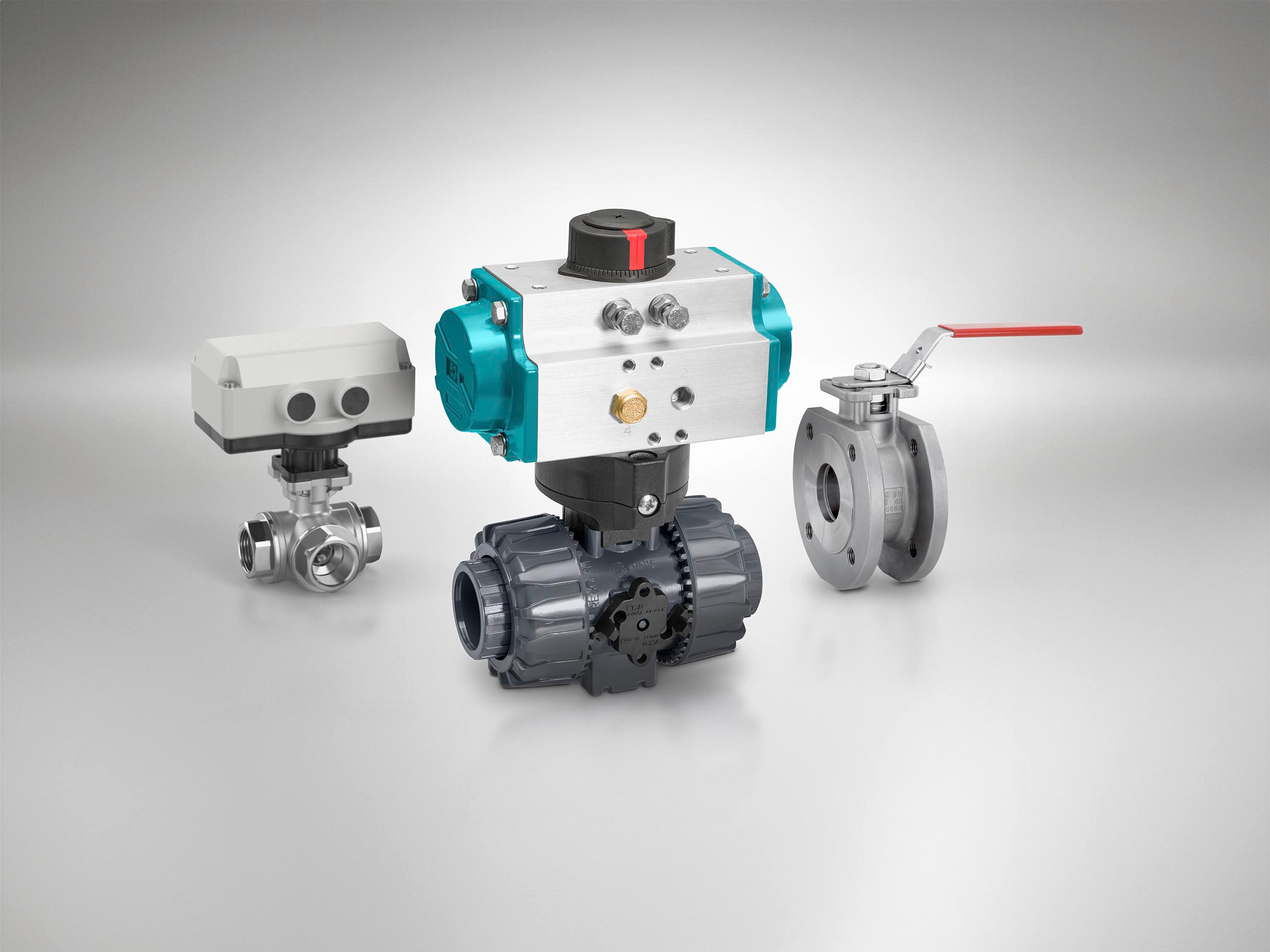 Three variants of GEMÜ ball valves for different applications.