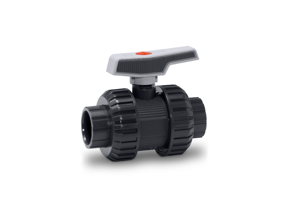Válvula de esfera manual de plástico com alavanca manual ergonômica e porcas de união - ideal para tratamento de água, produtos químicos e engenharia de processos.