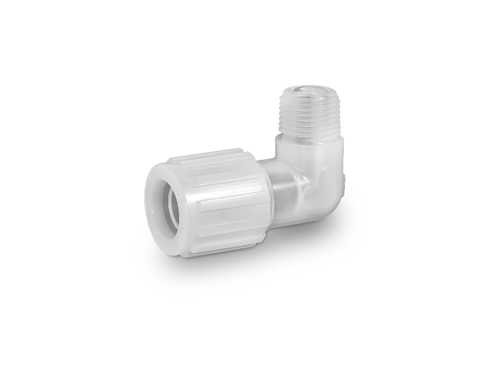 90-degree plastic angle connector with hose connection and external thread for industrial applications.