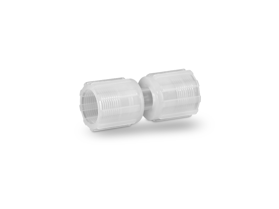 Straight plastic fitting with two union nuts for connecting pipes or hoses with female threads in industrial applications.