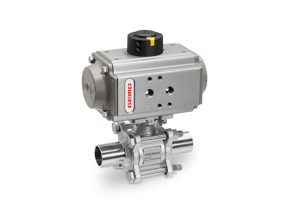 Pneumatically operated stainless steel ball valve with welded ends and position indicator – ideal for the chemical, pharmaceutical, and food industries.