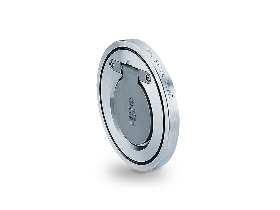 Stainless steel check valve in plate design with central flap and ring eyelet to prevent backflow in industrial applications.