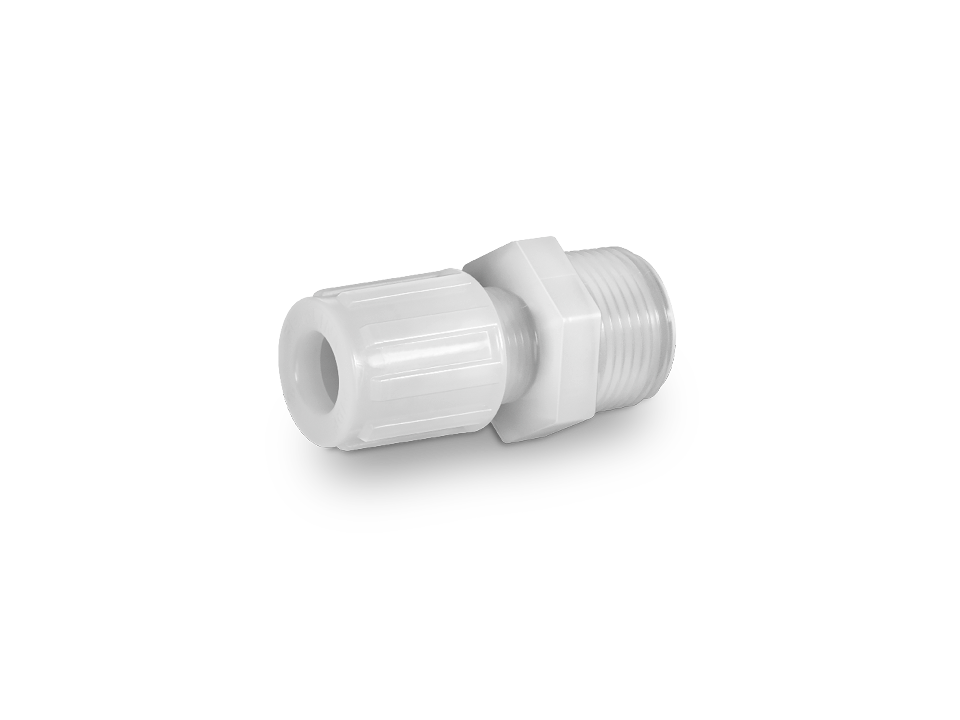Straight plastic hose fitting with male thread and knurling for secure hose connections in industrial and laboratory applications.