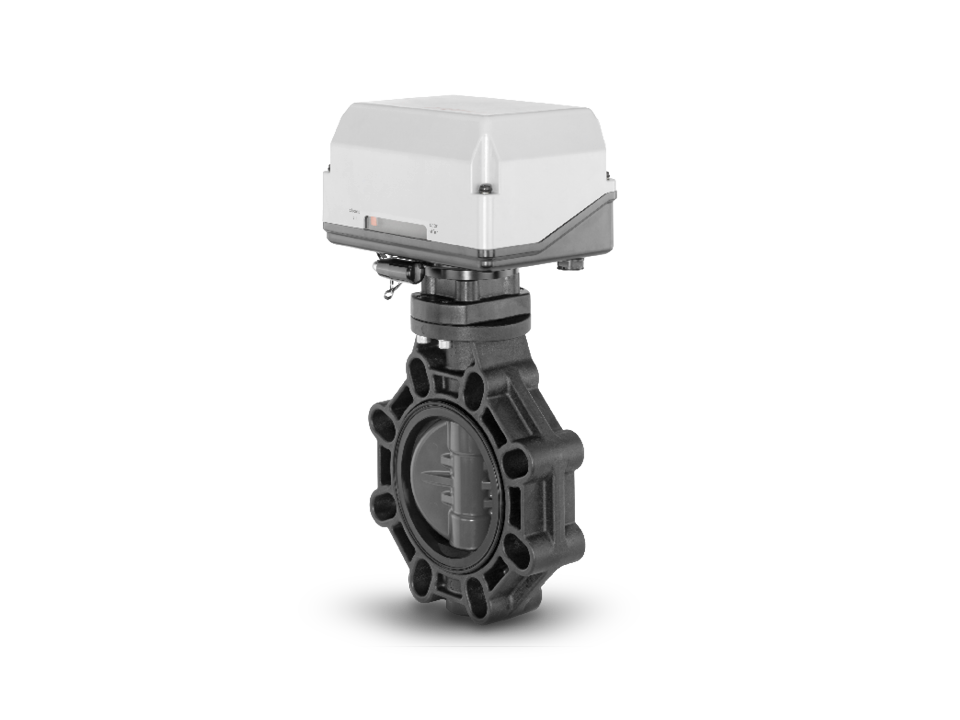 Válvula borboleta de plástico operada eletricamente com conexão de flange - ideal para tratamento de água, produtos químicos e automação de processos.