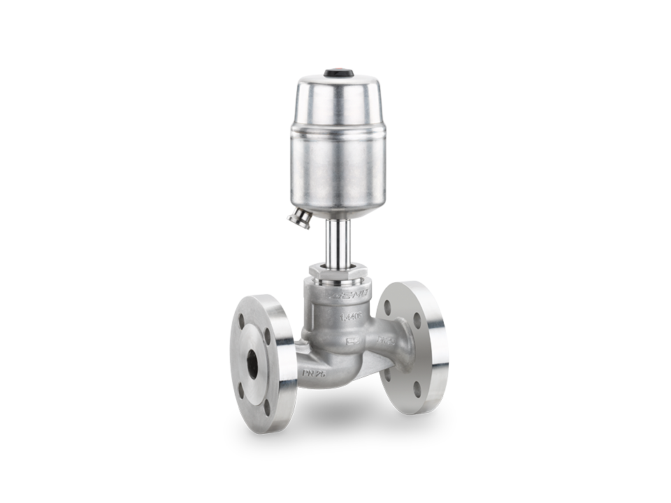 Seat valve with stainless steel housing, flange connections, and pneumatic actuator for industrial applications for flow control.,Seat valve with stainless steel housing, flange connections, and pneumatic actuator for industrial applications for flow cont