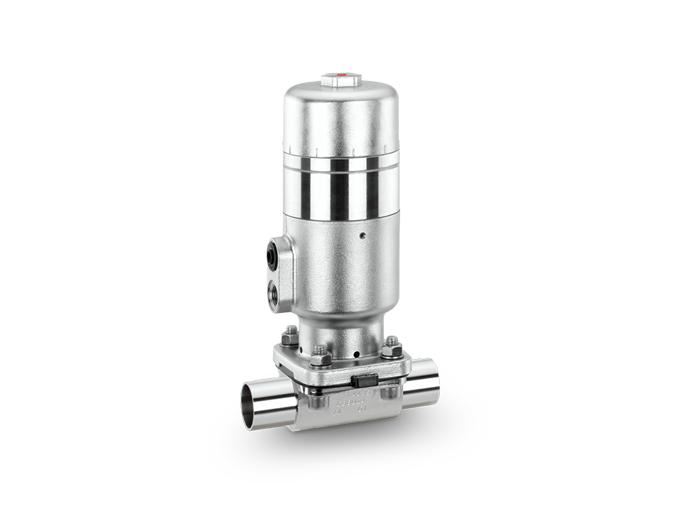 Pneumatically operated stainless steel diaphragm valve with welded ends – ideal for the pharmaceutical, biotechnology, and food industries.