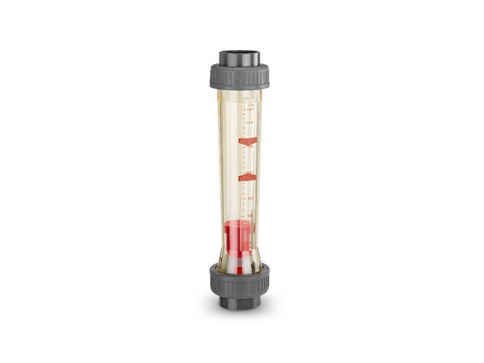 Flow meter with transparent measuring tube, red float and scale for flow control in piping systems, industrial use.