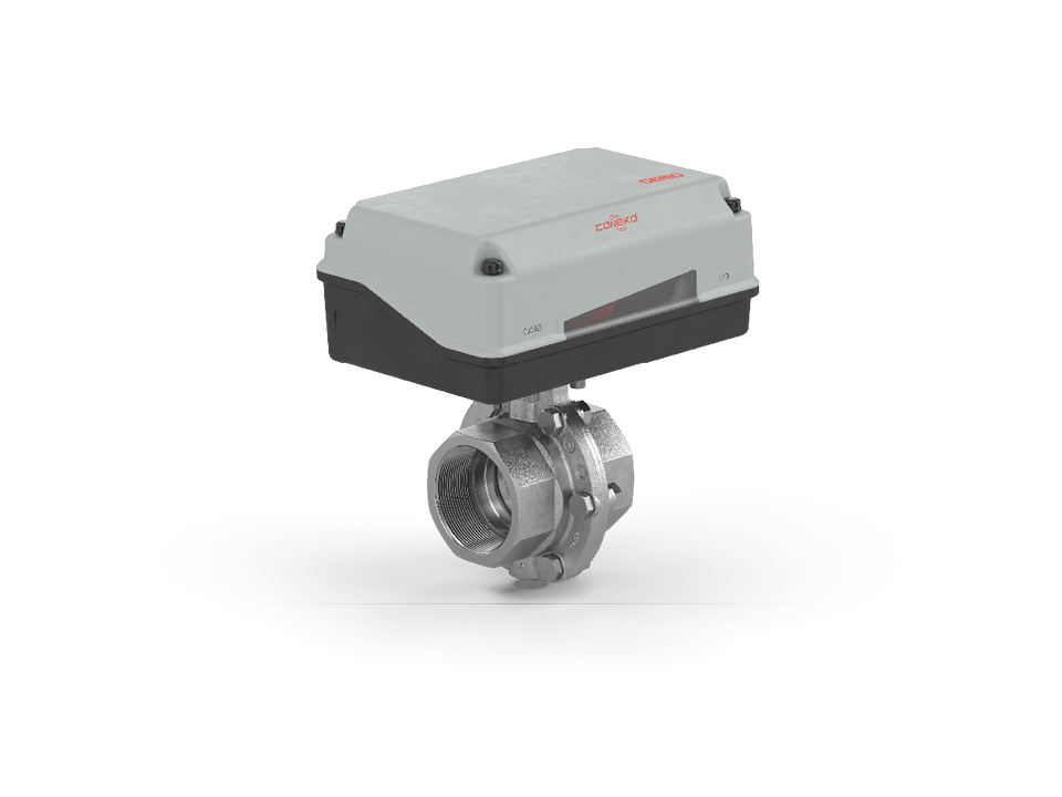 Válvula borboleta operada eletricamente feita de aço inoxidável com rosca interna e indicador de status - ideal para processos químicos, de tratamento de água e industriais.