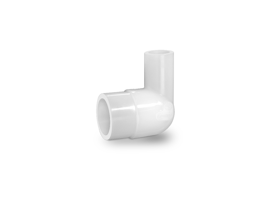 Raccord coudé en plastique blanc avec deux raccords lisses pour des connexions à 90 degrés sûres dans les applications industrielles.
