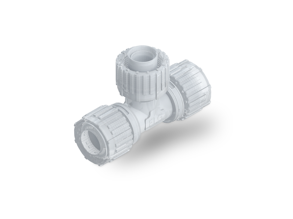 Nexus Connect® fitting made of PFA material with integrated gauge ring for precise and secure pipe connections.






