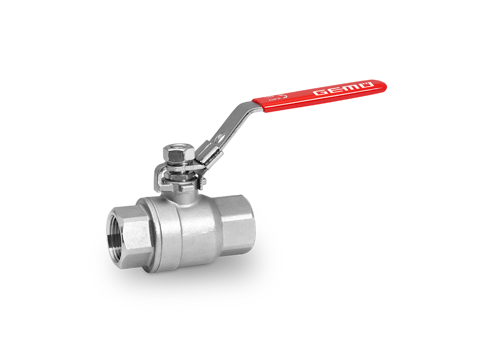 Manual ball valve made of stainless steel with female thread connection and red hand lever – ideal for the chemical, water treatment, and food industries.