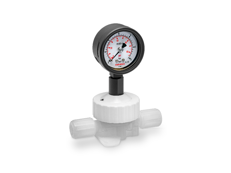 Mechanisches GEMÜ Manometer mit transparenter Kunststoffarmatur zur präzisen Druckmessung in Rohrleitungen – ideal für chemische und pharmazeutische Prozesse.