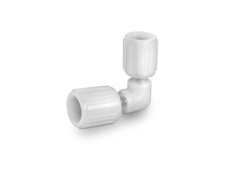 PFA angle connector with two union fittings for chemical-resistant pipe systems.