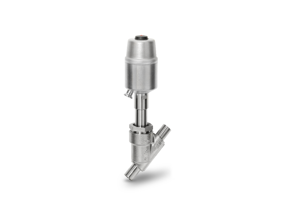 Válvula de assento angular pneumática feita de aço inoxidável com conexões soldadas - solução automatizada para controle preciso de fluxo em aplicações industriais.