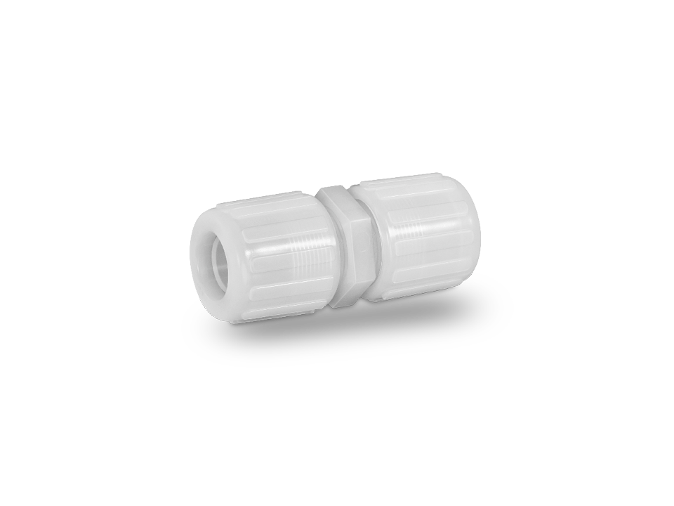 Straight plastic fitting with union nuts and hexagonal area for secure connection of hoses or pipes in industrial applications.