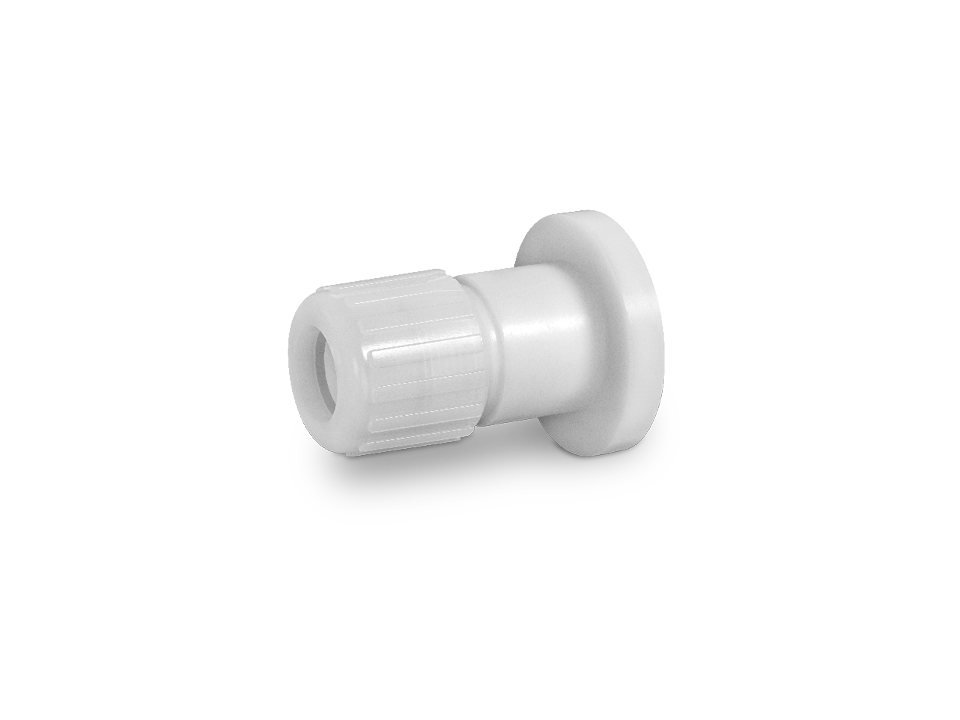 Raccord en plastique blanc avec écrou-raccord et raccord à bride pour des raccords de tuyaux hygiéniques dans l'industrie alimentaire et pharmaceutique.