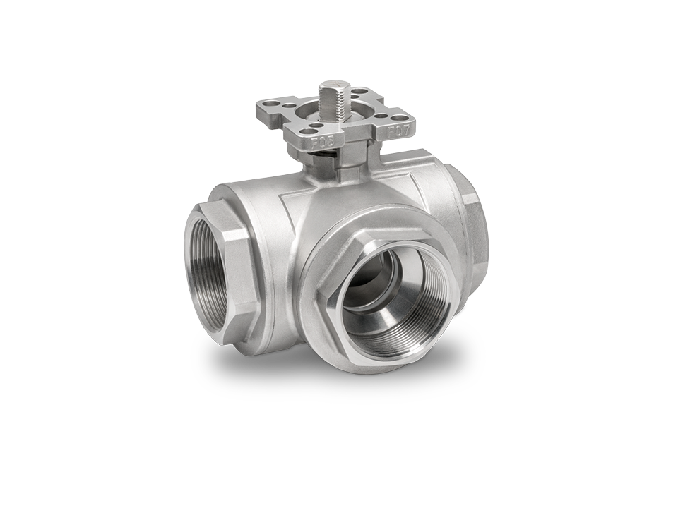 Compact stainless steel ball valve with flange connection and mounting plate – ideal for the chemical, pharmaceutical, and food industries.