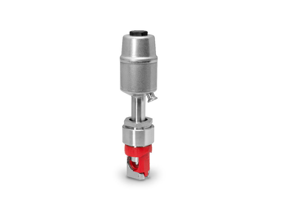 Pneumatic pinch valve with stainless steel drive and red pinch mechanism for hygienic industrial applications.
