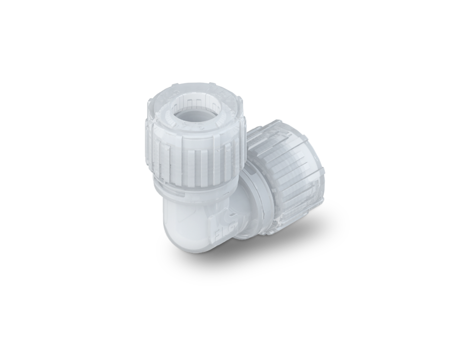 PFA fitting with Nexus Connect connection for reliable, leak-free connection in cleanroom and high-temperature applications.