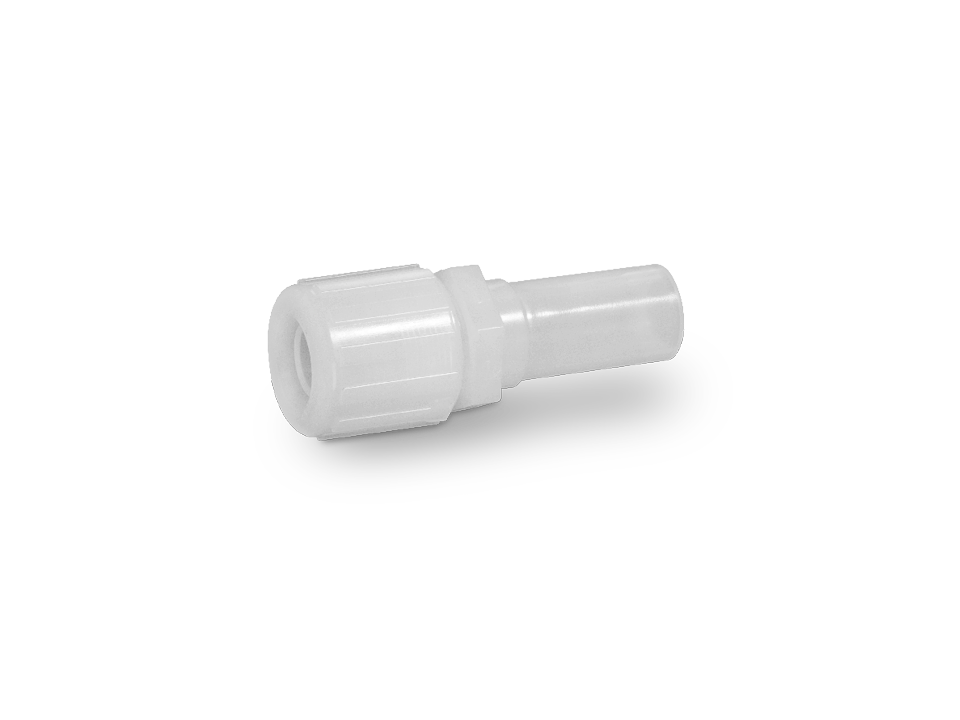 Straight plastic fitting with hose nozzle and knurled union nut for secure hose connections in industrial applications.