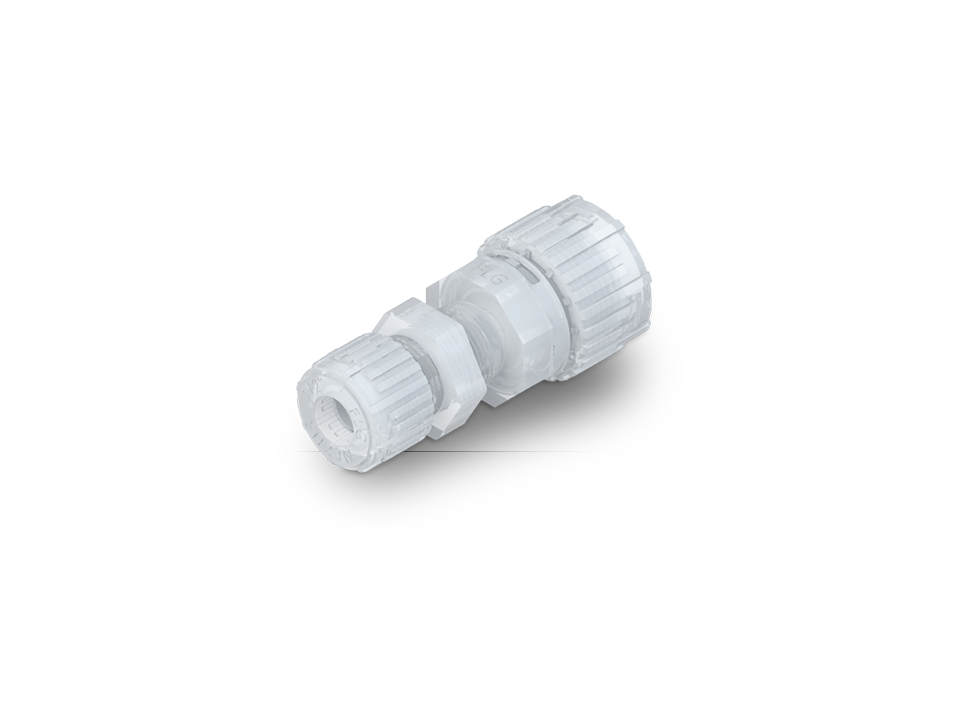 Nexus Connect 90-Grad-Winkel-Fitting aus PFA mit zwei Verschraubungen für hochreine Rohrverbindungen.