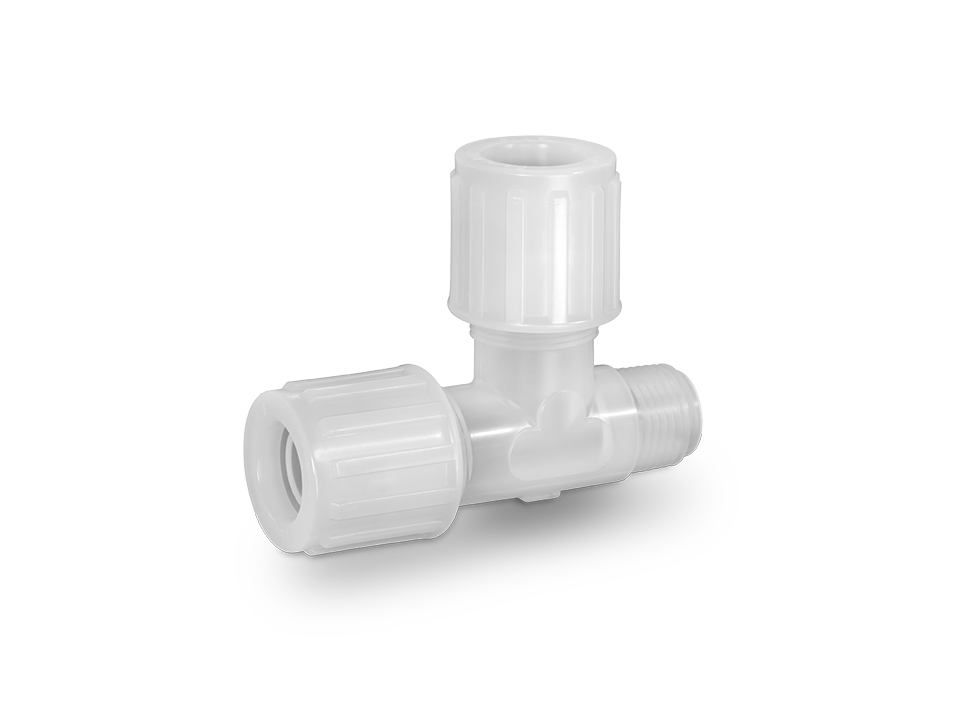 PFA T-piece fitting with two clamp connections and one male thread for secure pipe connections in chemical and semiconductor applications.