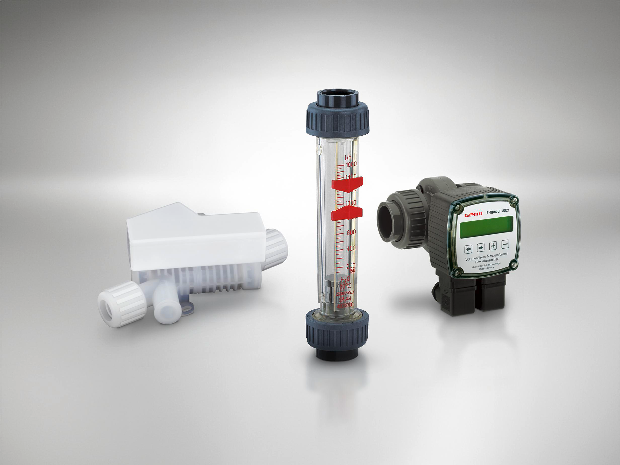 Three GEMÜ flow meters, including sensor and sight glass solutions.
