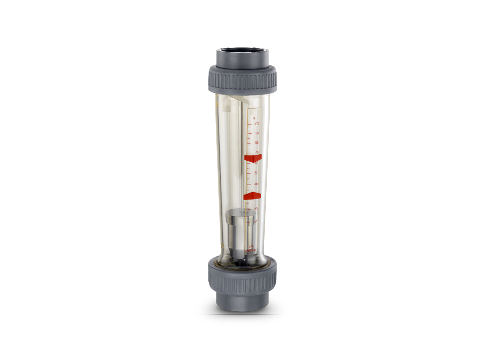 Compact flow meter with transparent scale and red float for precise flow measurement – ideal for industrial applications with liquids.