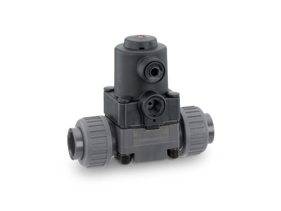 Pneumatically operated plastic diaphragm valve with union nuts – ideal for water treatment, the chemical industry, and process engineering.