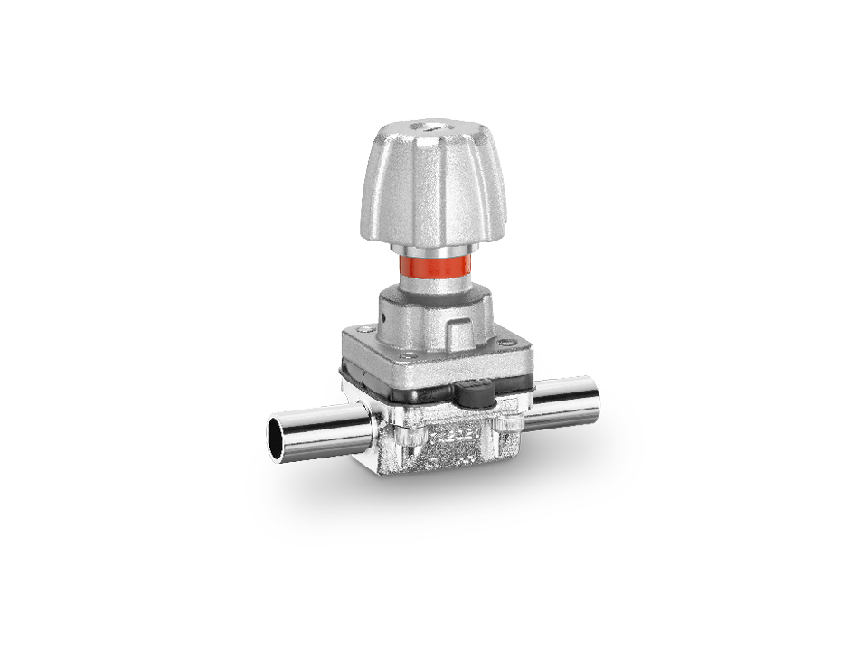 Manually operated diaphragm valve with stainless steel connections and handwheel – ideal for the pharmaceutical, biotechnology, and food industries.