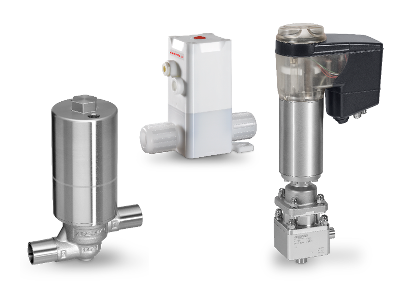 Three GEMÜ diaphragm seat valves with different actuators.