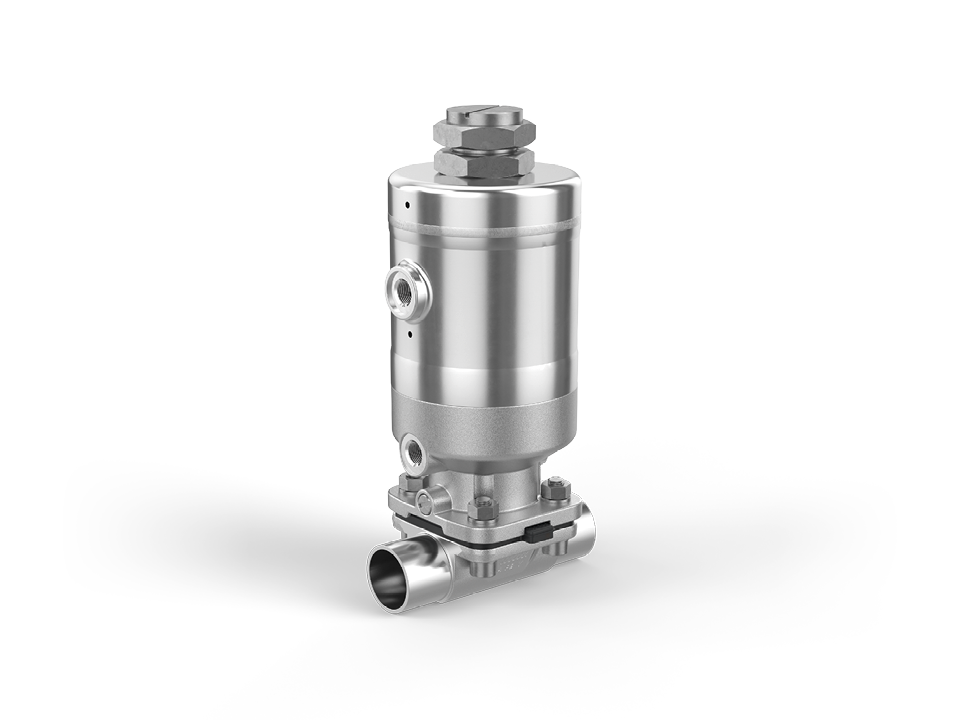 Pneumatically operated stainless steel diaphragm valve with welded ends – ideal for the pharmaceutical, biotechnology, and food industries.