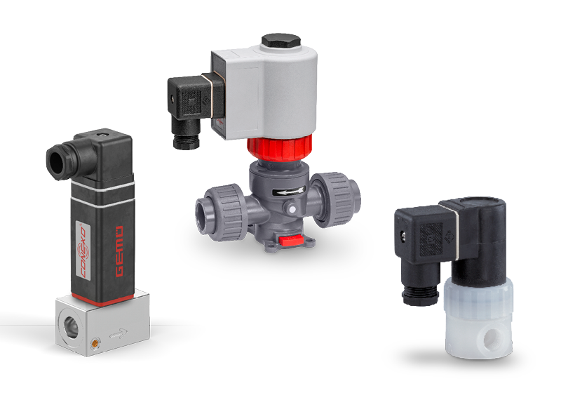 Three different GEMÜ solenoid valves for process applications.