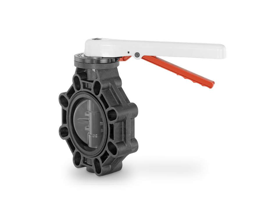 Manual shut-off valve made of plastic with ergonomic hand lever and flange connection – ideal for water treatment, chemical and process engineering.