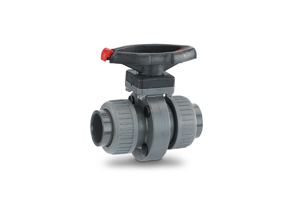Manual shut-off valve made of plastic with ergonomic hand wheel and safety lock – ideal for water treatment, chemical and process engineering.