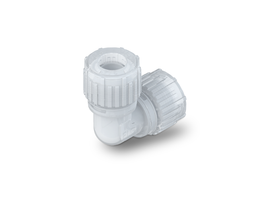 PFA fitting with Nexus Connect connection for reliable, leak-free connection in cleanroom and high-temperature applications.