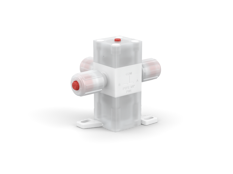 Pneumatically operated diaphragm seat valve made of high-purity plastic for aggressive media in the semiconductor, chemical, and pharmaceutical industries.