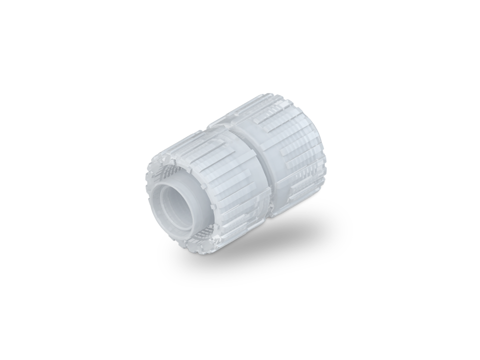 Compact angle connector made of PFA with Nexus Connect SpaceSaver connection for precise media guidance in cleanroom systems.