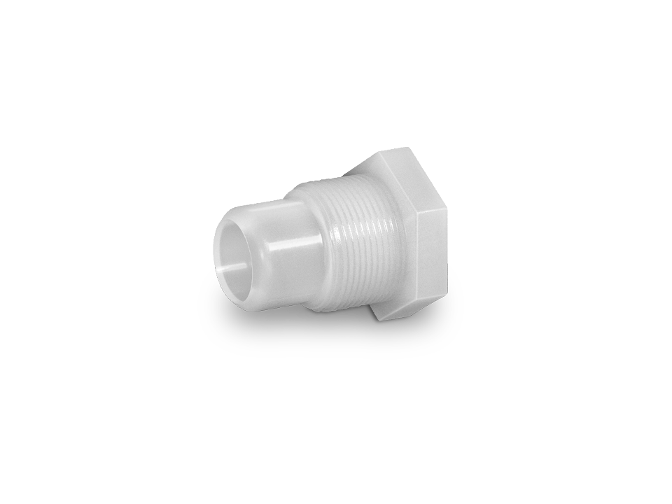 White plastic hose connector with external thread and hexagon for industrial hose connections in chemically demanding applications.