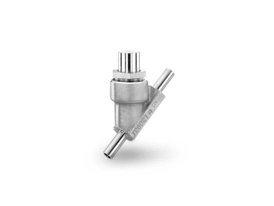 Stainless steel check valve in Y-shape with smooth pipe connections to prevent backflow in industrial applications.
