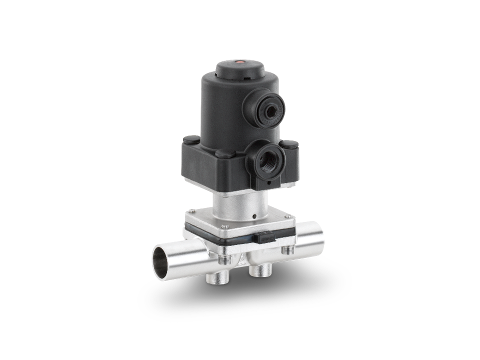 Pneumatically operated T-diaphragm valve made of stainless steel with welded ends – ideal for the pharmaceutical, biotechnology, and food industries.