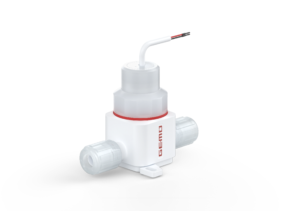 White GEMÜ pressure and temperature measuring device with sensor cable, suitable for high-purity applications and aggressive media in the chemical industry.