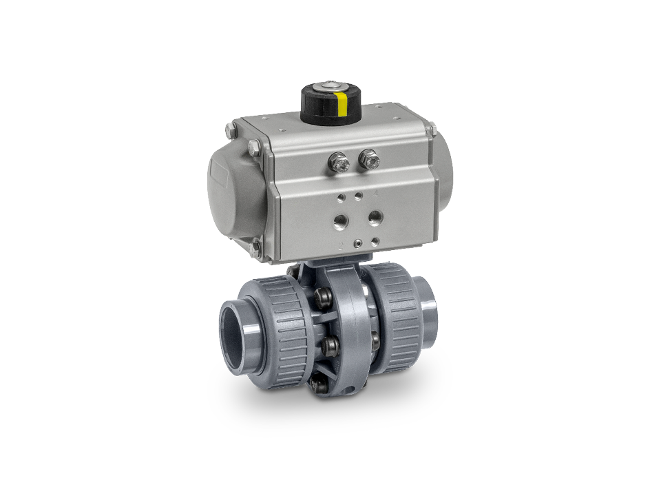 Shut-off damper with pneumatic actuator made of metal and plastic, with union nuts – ideal for industrial applications in water treatment, chemical and process automation.
