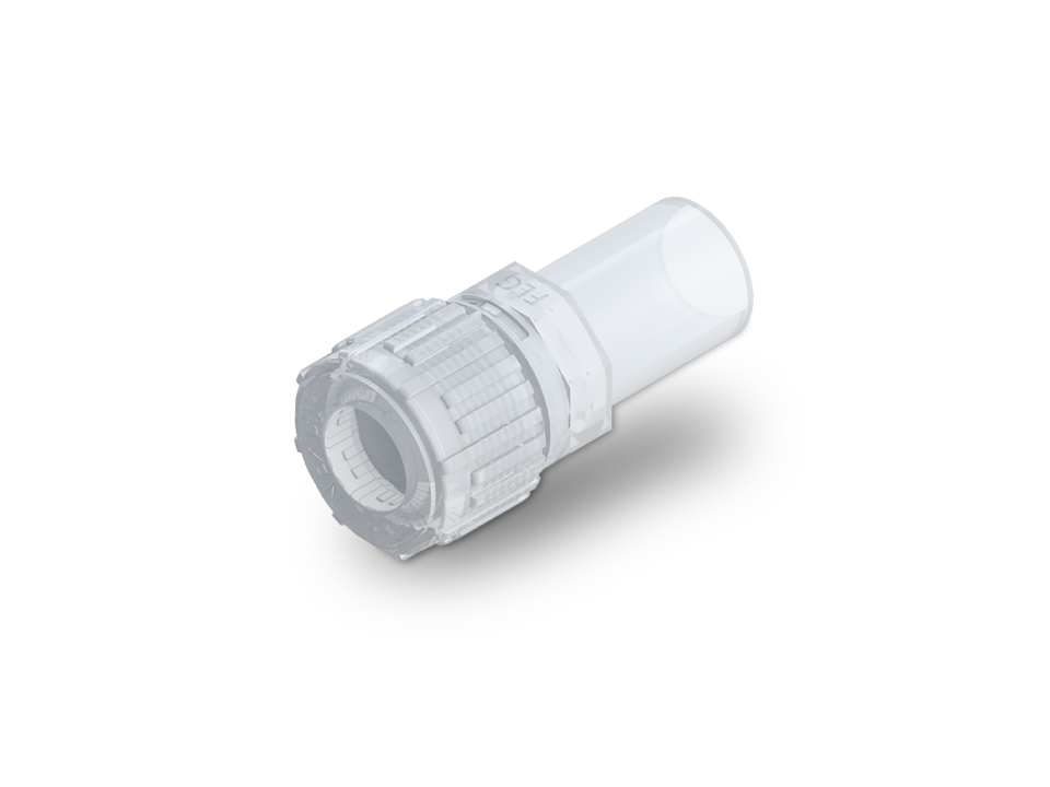 White Nexus Connect fitting with weld connection made of PFA for high-purity applications.