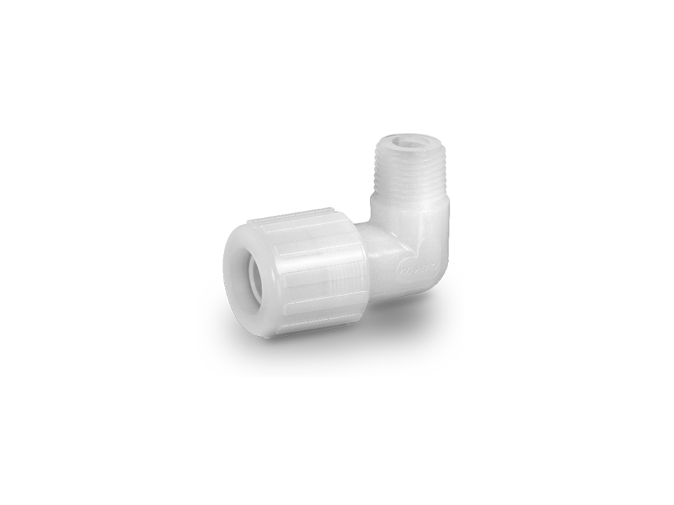 Plastic angle connector with hose connection and external thread for connecting hoses in industrial applications.