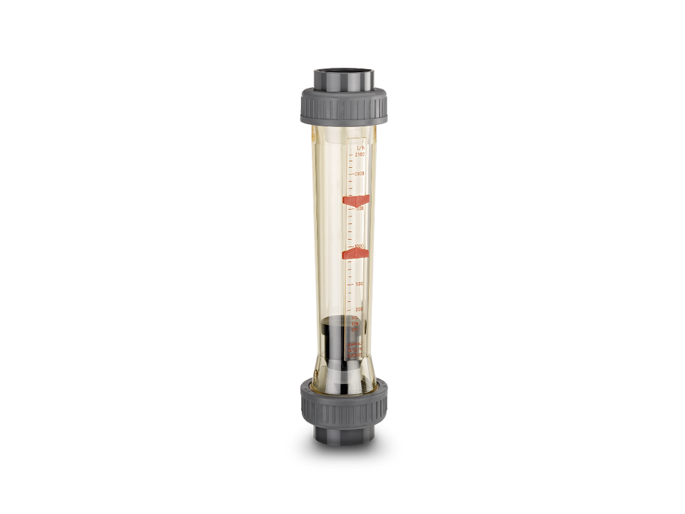 Mechanischer Durchflussmesser mit transparenter Messröhre, Skala und roten Markierungen zur Durchflusskontrolle in Rohrleitungssystemen.